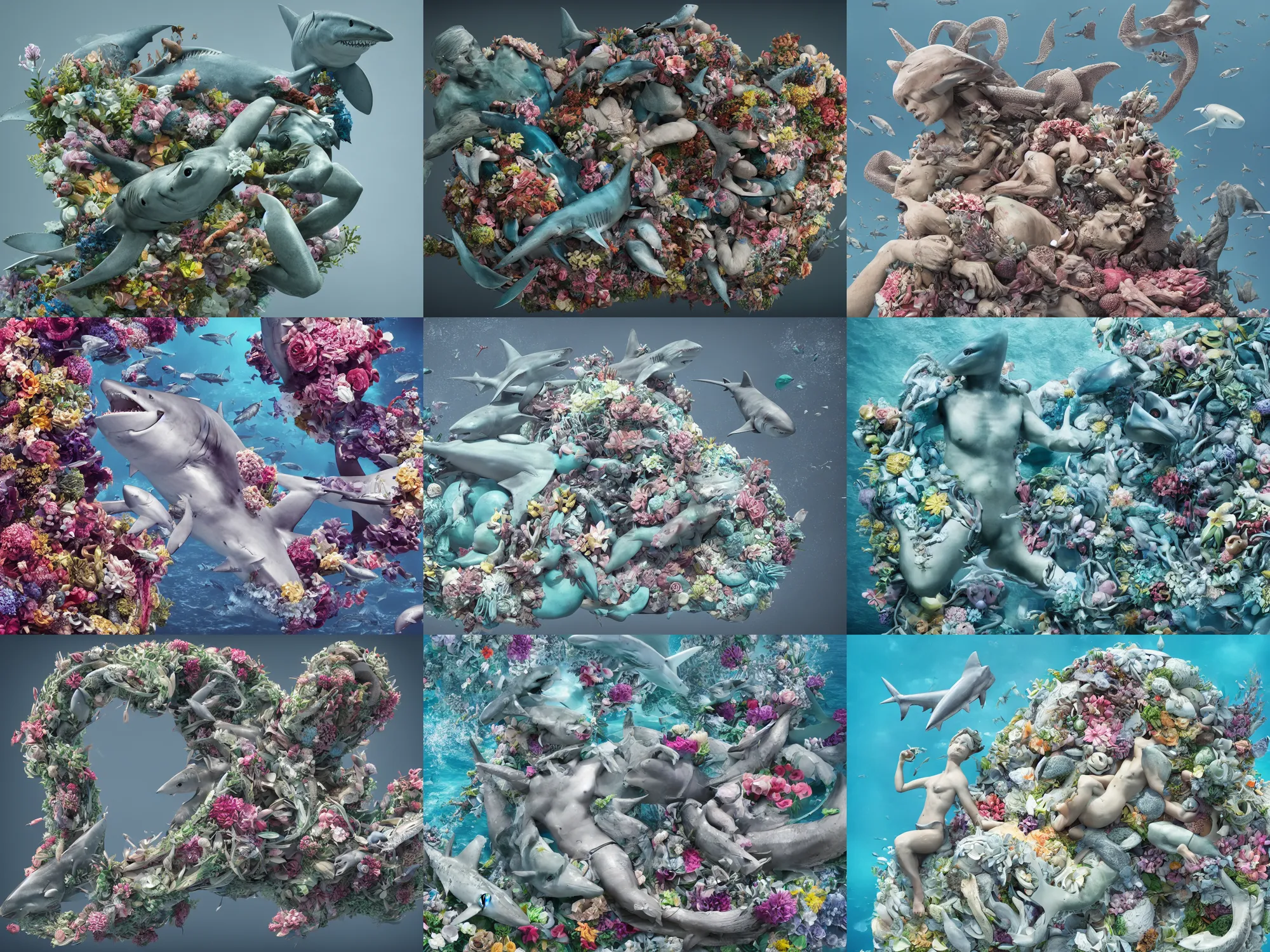 Image similar to a sculpture of ocean shark intertwined, a lovely cornucopia of flowers and human body parts, body parts, highly detailed, octane render, cinematic