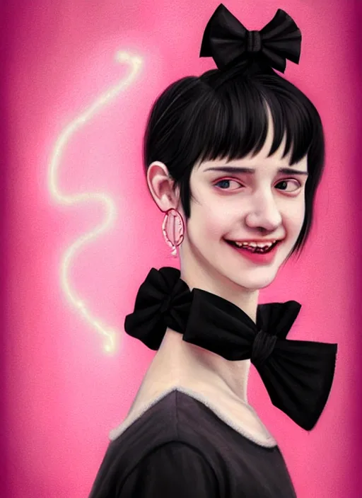 Image similar to portrait of high school girl, realistic, black hair, bangs, half updo hairstyle, pointy nose, skinny, smile, ugly, defined jawline, big chin, pink hair bow, earrings, intricate, elegant, glowing lights, highly detailed, digital painting, artstation, sharp focus, illustration, art by wlop, mars ravelo and greg rutkowski