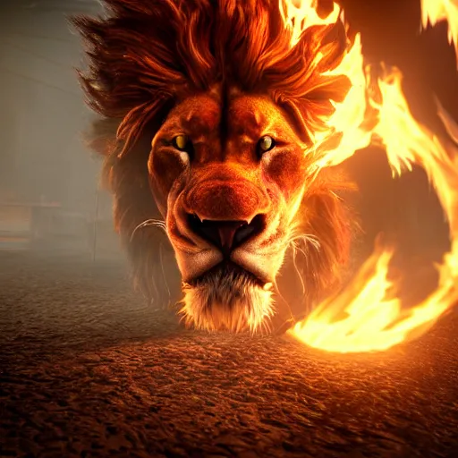 Image similar to fire lion, flaming, detail, unreal engine, cinematic