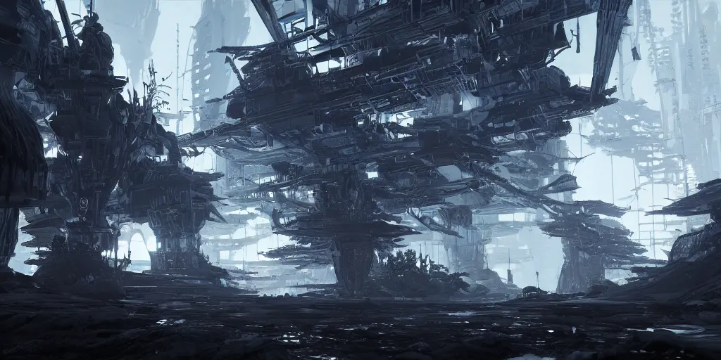 Image similar to grimdark tsutomu nihei aposimz architecture, unreal engine, 8 k, ultra realistic, ultra detail