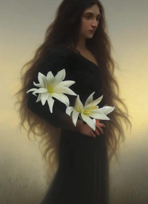 Image similar to oil painting close up portrait of a young woman with long dark flowing hair in a black dress, surrounded by white lilies!! at sunset, hazy, digital art, chiaroscuro, artstation, cinematic, golden hour, digital art painting by greg rutkowski, william - adolphe bouguereau, hazy atmosphere, cinematic lighting