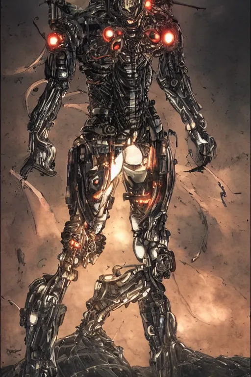 Image similar to cyborg warrior in nanosuit with powerful biological muscle augmentation, at dusk, a color illustration by tsutomu nihei and tetsuo hara