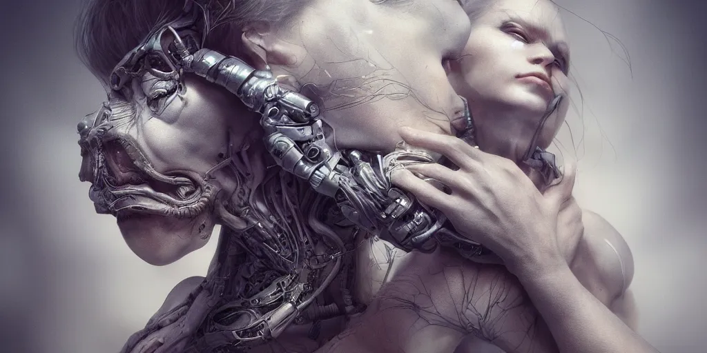Image similar to the creation of, hyper realistic photography of a beautiful cyborg female, intimate holding close, in the style of beth cavener, jin kagetsu, wlop, highly detailed, intricate filigree, symmetry, masterpiece, concept art, highkey lighting, ambient lighting, octane render, 8 k, artstation