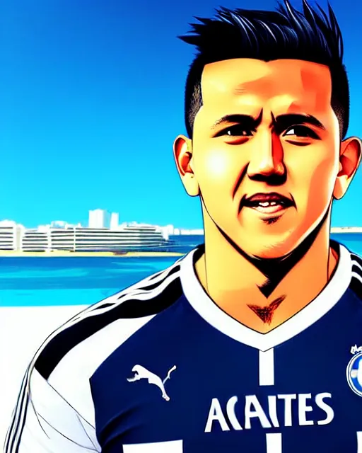 Image similar to portrait Anime Alexis Sanchez; white football shirt, Marseille beach in background || anime, manga cute-fine-face, pretty face, realistic shaded Perfect face, fine details. Anime. realistic shaded lighting by Katsuhiro Otomo