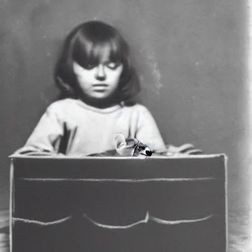 Prompt: a realistic dark photo of a sad child in a shipping box, holding a sad cat. 1 9 5 0 s style