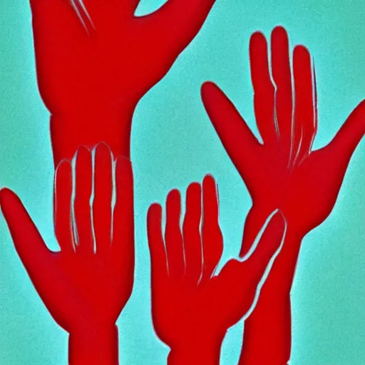 Image similar to a red person stylized is being indicated by many hands. curcular composition