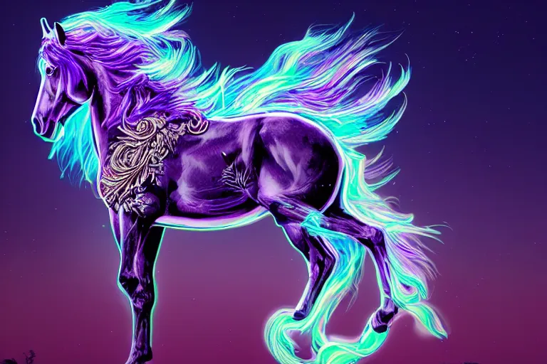 Image similar to a stunning horse with bioluminescent mane and tail running in the clouds by sandra chevrier and greg rutkowski, neon hooves, purple blue color scheme, vaporware, retro, outrun, high key lighting, volumetric light, digital art, highly detailed, fine detail, intricate, ornate, complex, octane render, unreal engine, photorealistic