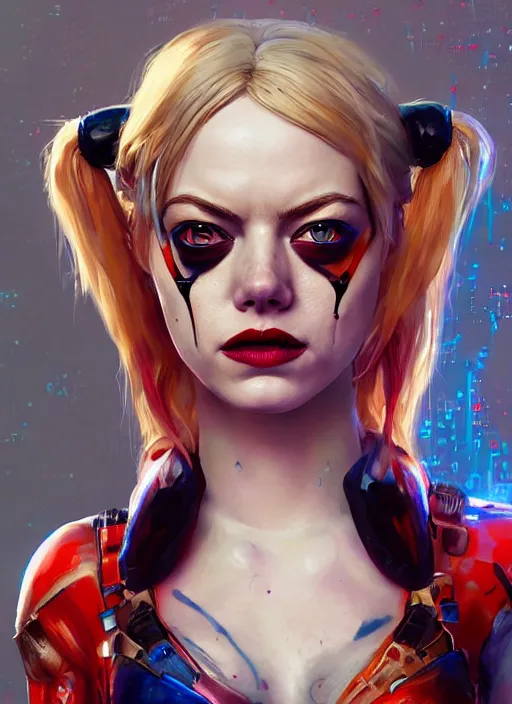 Image similar to biopunk portrait of emma stone as harley quinn, hyper detailed, digital art, trending in artstation, cinematic lighting, studio quality, smooth render, unreal engine 5 rendered, octane rendered, art style by klimt and nixeu and ian sprigger and wlop and krenz cushart.