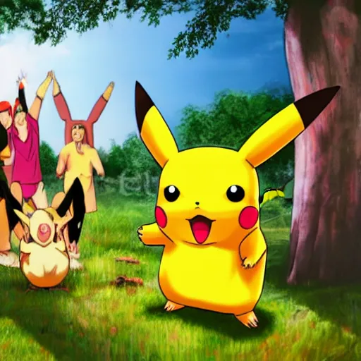 Prompt: group of people worshipping pikachu in the forest, 4 k