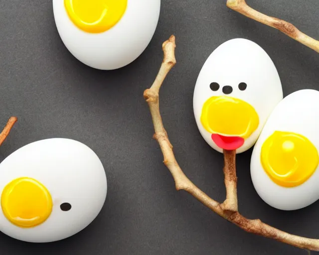 Image similar to eggs with happy faces on them. they have arms and legs made of twigs. yolk is pouring out of their snout. they had a hearty laugh. boogers are coming out of their noise.