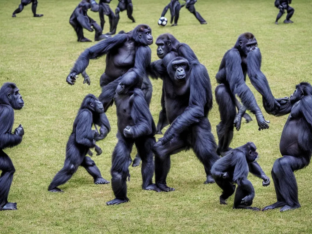 Image similar to gorillas playing a soccer game, vivid