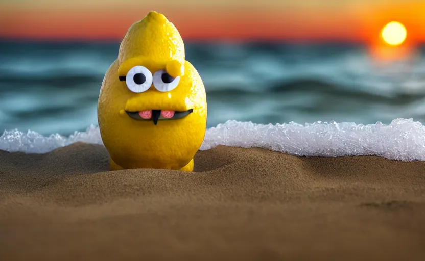 Image similar to 5 0 mm photograph, of a real anthropomorphic lemon character, with lemon skin texture, it is wearing a hat and scuba diving, building a sandcastle on the beach at sunset, beach, huge waves, sun, clouds, tropical trees, rim light, cinematic photography, professional, sand, sandcastle, volumetric lightening