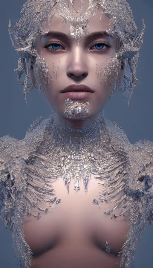 Image similar to full body detailed, ethereal, biomechanical, covered in diamonds and other gems glowing, highly detailed face, elegant posed, intricate, extremy detailed, beeple, cgsociety, 3 d unreal engine octane render. cinematic lighting, highly detailed 4 k art