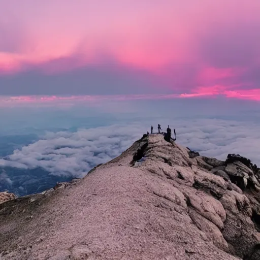 Prompt: at the top of the mountain, the sunset, above all the people is a huge huge ego, in the form of a twisted old man. thick pink clouds.