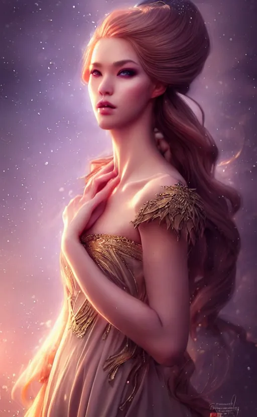 Image similar to a fantasy photo of gorgeous russian female, evening gown, bokeh, medium shot, beautiful face, professionally retouched, soft lighting, realistic, smooth face, perfect eyes, sharp focus, 8 k realistic high definition, insanely detailed, intricate, elegant, art by artgerm and kyoung hwan kim