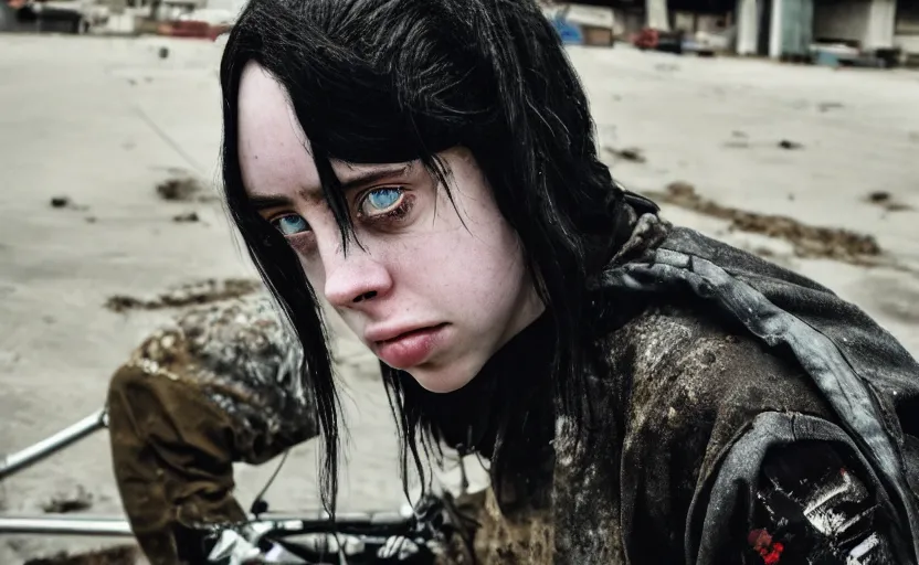 Image similar to cinestill 5 0 d candid photographic portrait by stanley kubrick of billie eilish as a cyborg wearing rugged black mesh techwear on a dirtbike through an abandoned mall, extreme closeup, modern cyberpunk moody emotional cinematic, liminal overgrown god rays, 8 k, hd, high resolution, 3 5 mm, f / 3 2, ultra realistic faces, ex machina