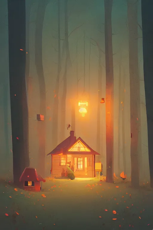 Prompt: the small house in the forest, at night, leaves in the air, mushrooms, gibli, james gilleard, atey ghailan, exquisite lighting, clear focus, very coherent, plain background, very detailed, vibrant, digital painting