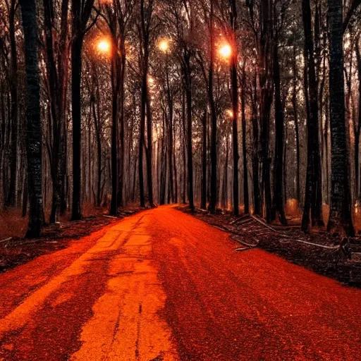 Prompt: forest at night fiery trees lighting the road littered with piles of bones