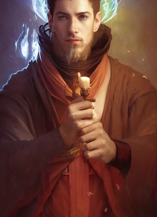 Image similar to character concept portrait of an attractive young focused Spanish wizard with pale red skin enchanting a power spell, a floating iridescent spell book in the center, intricate, elegant, digital painting, concept art, smooth, sharp focus, illustration, from Metal Gear, by Ruan Jia and Mandy Jurgens and William-Adolphe Bouguereau, Artgerm