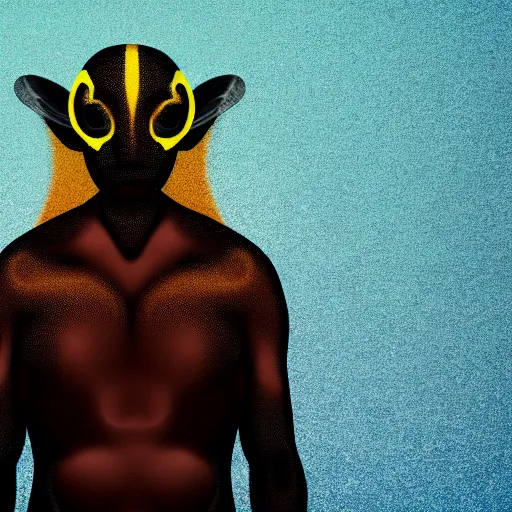 Image similar to human man that resembles a wasp morh in surreal sketch style, blue and yellow gradient, noise, ultrafine detail, hd 8k, logo illustration