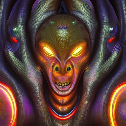 Image similar to photorealistic alien deity. hyperdetailed photorealism, 1 0 8 megapixels, amazing depth, glowing rich colors, powerful imagery, psychedelic overtones, 3 d finalrender, 3 d shading, cinematic lighting, artstation concept art