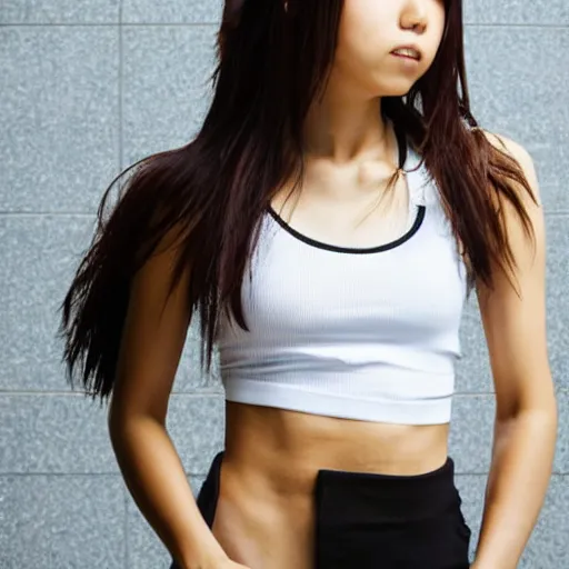 Prompt: “an action photoshoot of akane owari, akane owari danganronpa, a toned Japanese young woman with dark tanned skin and wild wavy brown hair in a bob, hazel eyes, athletic fashion photography, sparring, dynamic pose, young and beautiful, white tank top, magazine cover, Japanese facial features, full of energy”