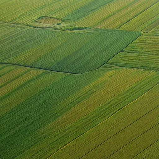 Image similar to view from a helicopter of Midwest farmland, extreme detail, photograph, by greg rutkowski
