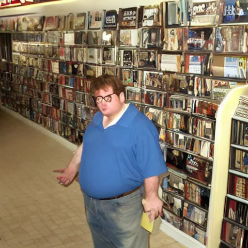 Image similar to realistic peter griffin standing in a video store in 2 0 0 2.