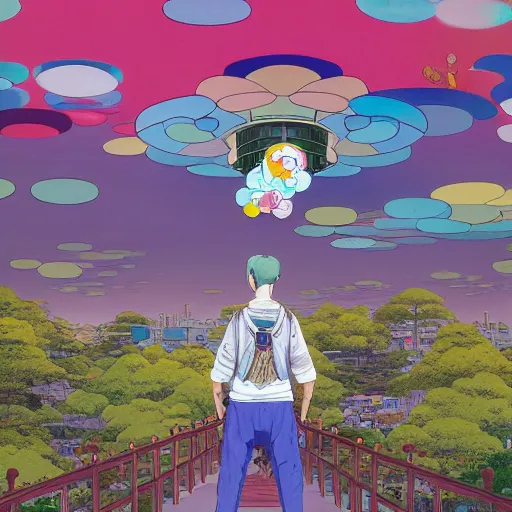 Image similar to a man walking on clouds away from the camera above kyoto by takashi murakami, beeple and james jean, aya takano color style, 4 k, super detailed, modern, 4 k, symmetrical