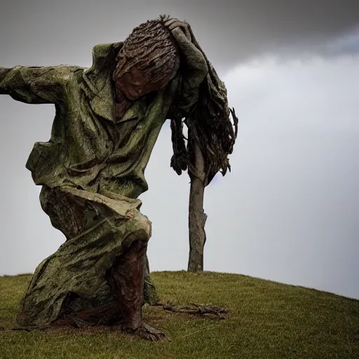 Image similar to The sculpture shows a man caught in a storm, buffeted by wind and rain. He clings to a tree for support, but the tree is bent nearly double by the force of the storm. The man's clothing is soaked through and his hair is plastered to his head. His face is contorted with fear and effort. by Brian Sum harrowing