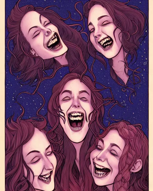 Prompt: fantasy comic cover art of a ( ( trio of witches ) ) laughing and dancing around a bonfire, detailed faces, illustration by jenny frison and sana takeda, intricate details, stunning inking lines, stunning gradient colors, 4 k, hd, artstation, award winning