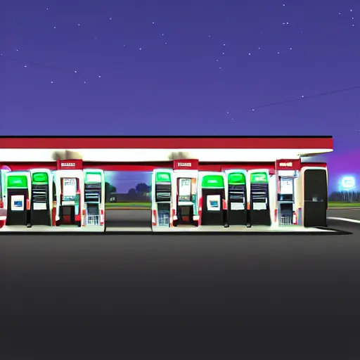 Image similar to a gas station at nighttime, screenshot, extreme long shot, cold lighting, Vaporware style