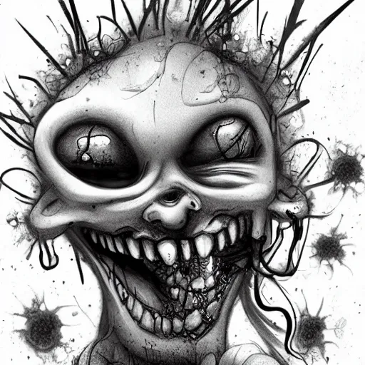 Image similar to grunge cartoon sketch of a flower with a human head with a wide smile by - michael karcz, loony toons style, horror theme, detailed, elegant, intricate