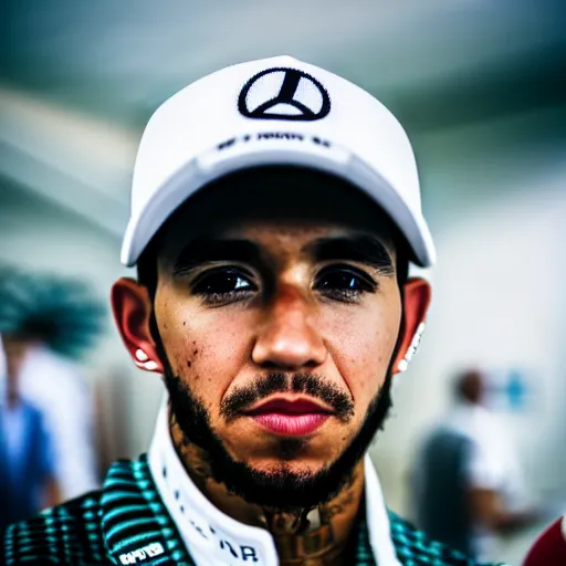 Image similar to closeup portrait of Lewis Hamilton at the formula 1 starting grid, by Steve McCurry and David Lazar, natural light, detailed face, CANON Eos C300, ƒ1.8, 35mm, 8K, medium-format print