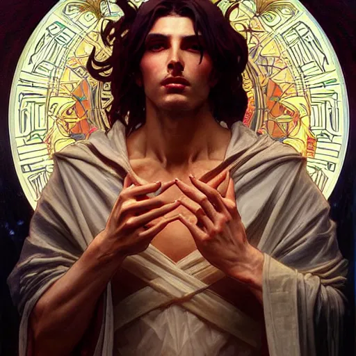 Image similar to attractive male deity, casting dark magic, summoning handsome lucifer morningstar, highly detailed painting by artgerm and greg rutkowski and alphonse mucha