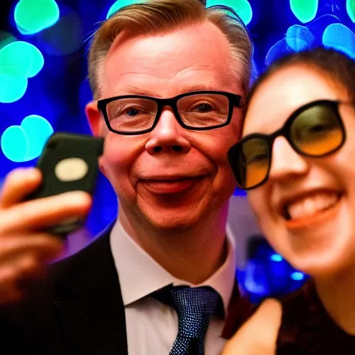 Image similar to A photo of an orangutan taking a selfie with Michael Gove at the club, disco lights, bokeh, hyperdetailed