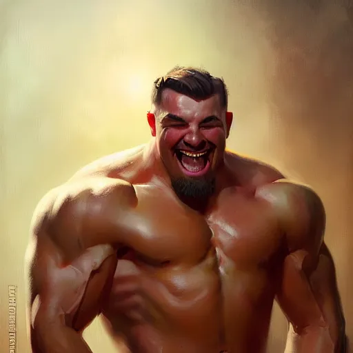 Image similar to portrait painting of a young strongman of 2 5, bright and energetic, with a sweet smile and big muscles, render cinematic lighting art 1 9 2 0 period drama by bussiere rutkowski andreas rocha