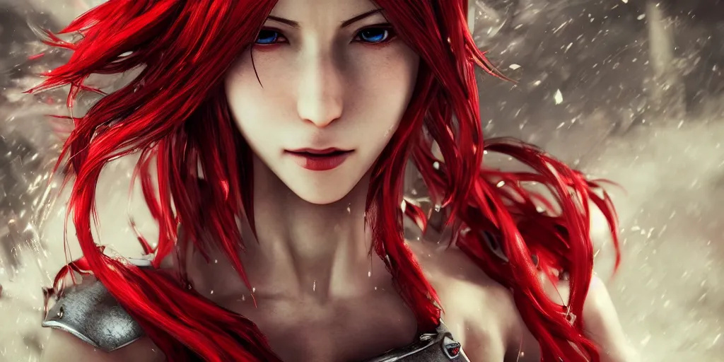 Prompt: epic scene of very attractive final fantasy 7 female character, detail face, lovely eyes and lips, with amazing detail red dress ) ( fighting ) hyper realistic 3 d render, art station, particles, epic scene, mucha, clouds, jump pose, blur focus, action,