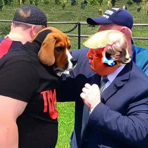 Image similar to beagle getting into fist fight with trump supporter