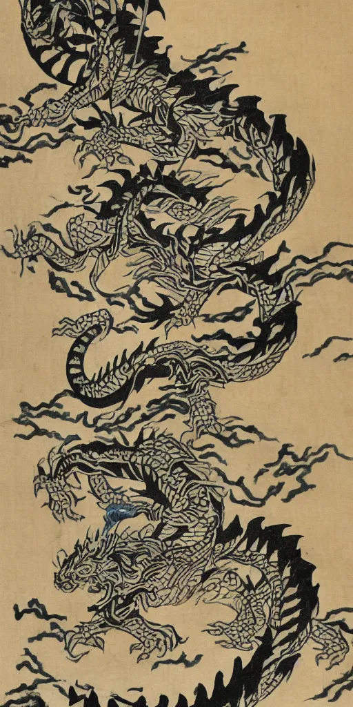 Image similar to japanese woodblock style paper scroll of a tiger transforming into a dragon