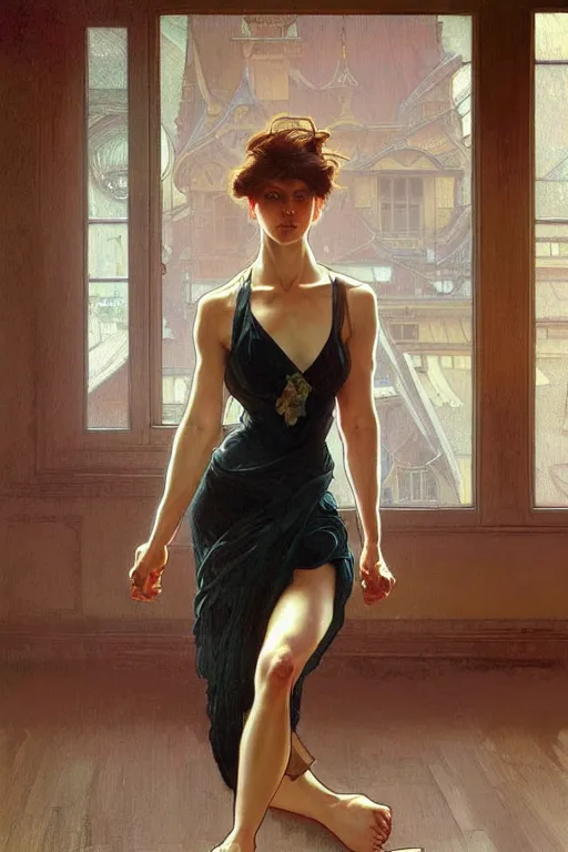 Image similar to full body portrait of a single beautiful young fit woman, modern haircut, fashionable, bare feet, by greg rutkowski and alphonse mucha, d & d character, in front of a modern room background, highly detailed portrait, digital painting, artstation, concept art, smooth, sharp focus illustration, artstation hq