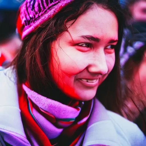 Prompt: a ultra high resolution close - up of a beautiful young woman standing in crowd of psytrance music festival, looking down at the camera. her face is partially obscured by a red scarf, and she has a smiling expression. the light is dim, and the colours are muted. kodak etkar 1 0 0.