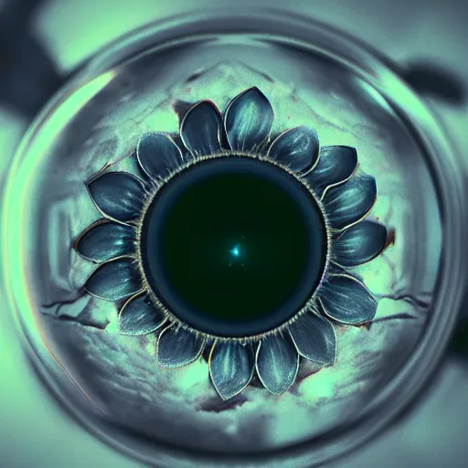 Image similar to a close up of a flower camera with an eyeball for a lens. cyberpunk art by beeple, flickr contest winner, computer art, bokeh, octane render, shallow depth of field