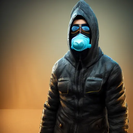 Image similar to a highly detailed, portrait of a man with black hair with a black medical mask, in a hood in the form of a blue shark with white teeth, artstation, DeviantArt, professional, octane render, digital art