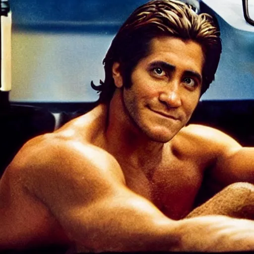 Image similar to a movie poster of Jake Gyllenhaal as patrick Swayze sitting in a hot tub in the movie Road House