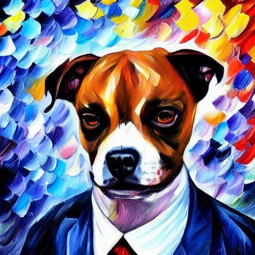 Image similar to painting of a mini pit bull wearing a suit as a politician by Leonid Afremov