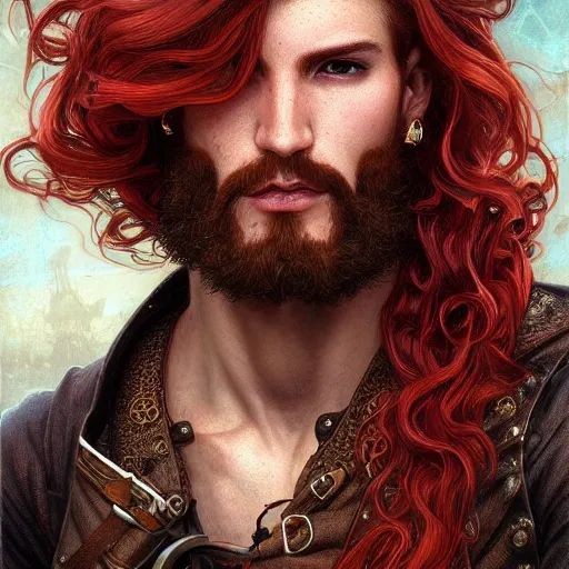 Prompt: portrait of a young rugged steampunk pirate, male, handsome, masculine, full body, red hair, long hair, soft hair, fantasy, intricate, elegant, highly detailed, steampunk, airship, digital painting, artstation, concept art, character art, smooth, sharp focus, illustration, art by artgerm and greg rutkowski and alphonse mucha