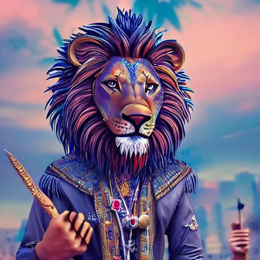 Image similar to scene of an anthropomorphic lion at a protest movement exquisite detail lion in hippie clothes, Streetwear, hippie fashion, protest movement, trending on artstation, bokeh, incredible detail, Graeme Base, 8k detail, gi, global illumination, physically based rendering, photoreal, small details, intricate complexity