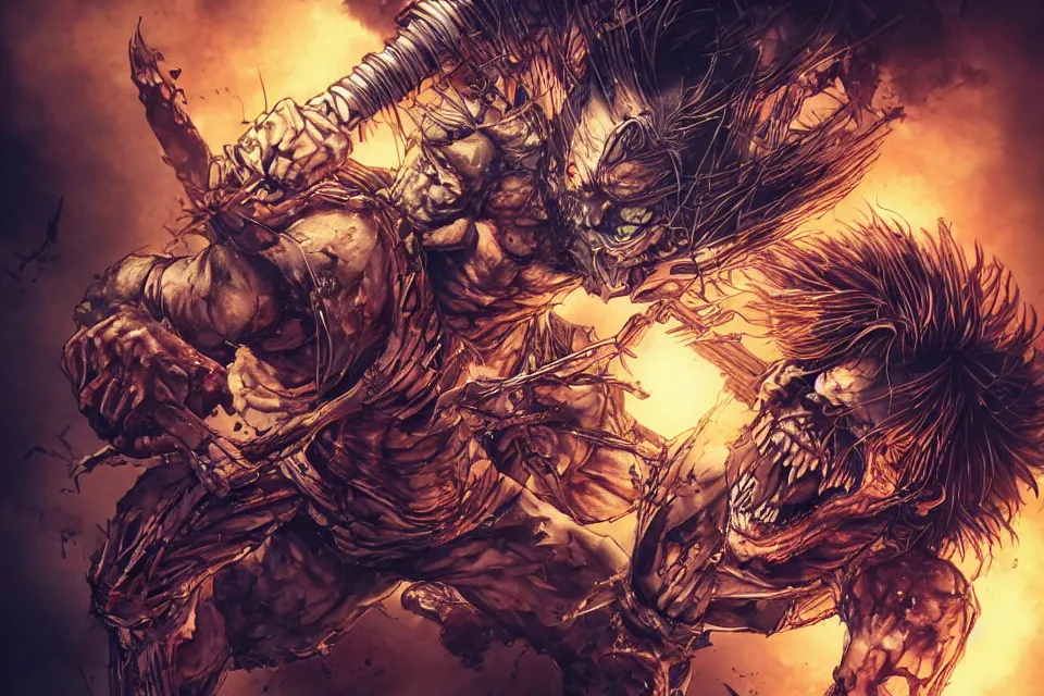 Image similar to Terada Katsuya ArtGerm Style Zombie Wolverine Battles Biomechanical Juggernaut in Hell, beautiful aesthetic, photorealistic, volumetric lighting, hyperrealistic, octane render, HDR, Production IG Studios Anime Style