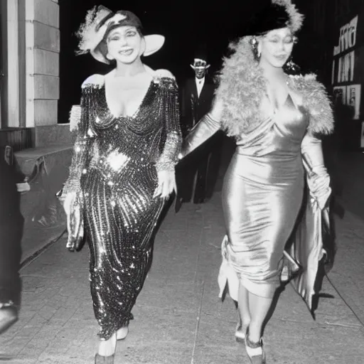 Image similar to 1920s photo of Mariah Carey and Beyonce walking down 5th Avenue